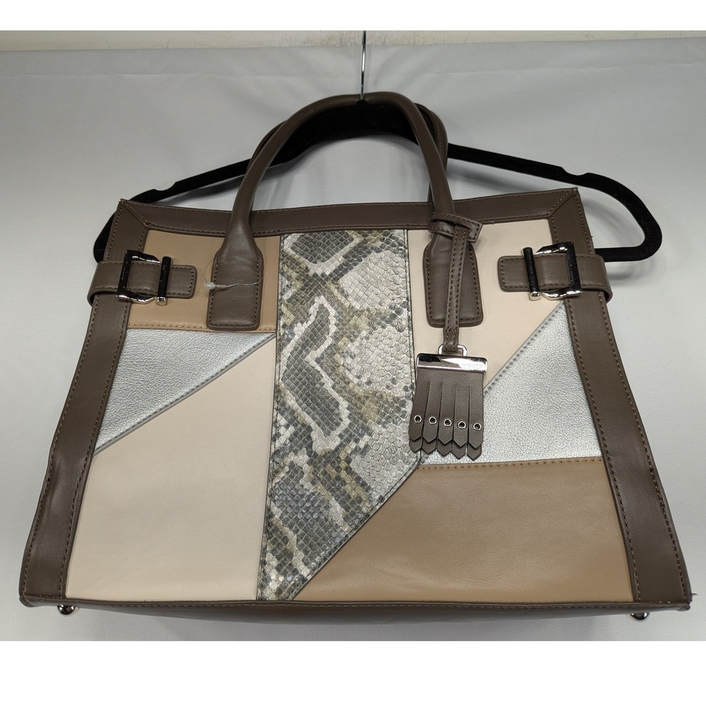 Nine‎ West Colorblock Snakeskin Trim Satchel Handbag Brown Beige Silver